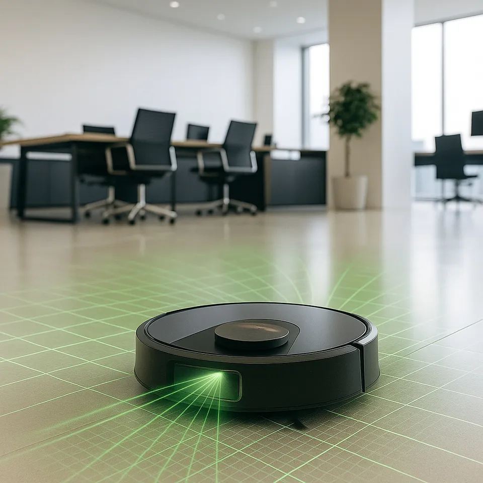 Robotstøvsuger med grønt lasermønster på gulvet